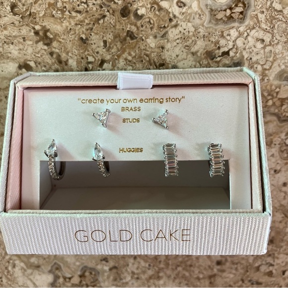 New Gold Cake Earring Set 3 Pair Silver Huggies and Studs, Create Your Own Story - Picture 1 of 3